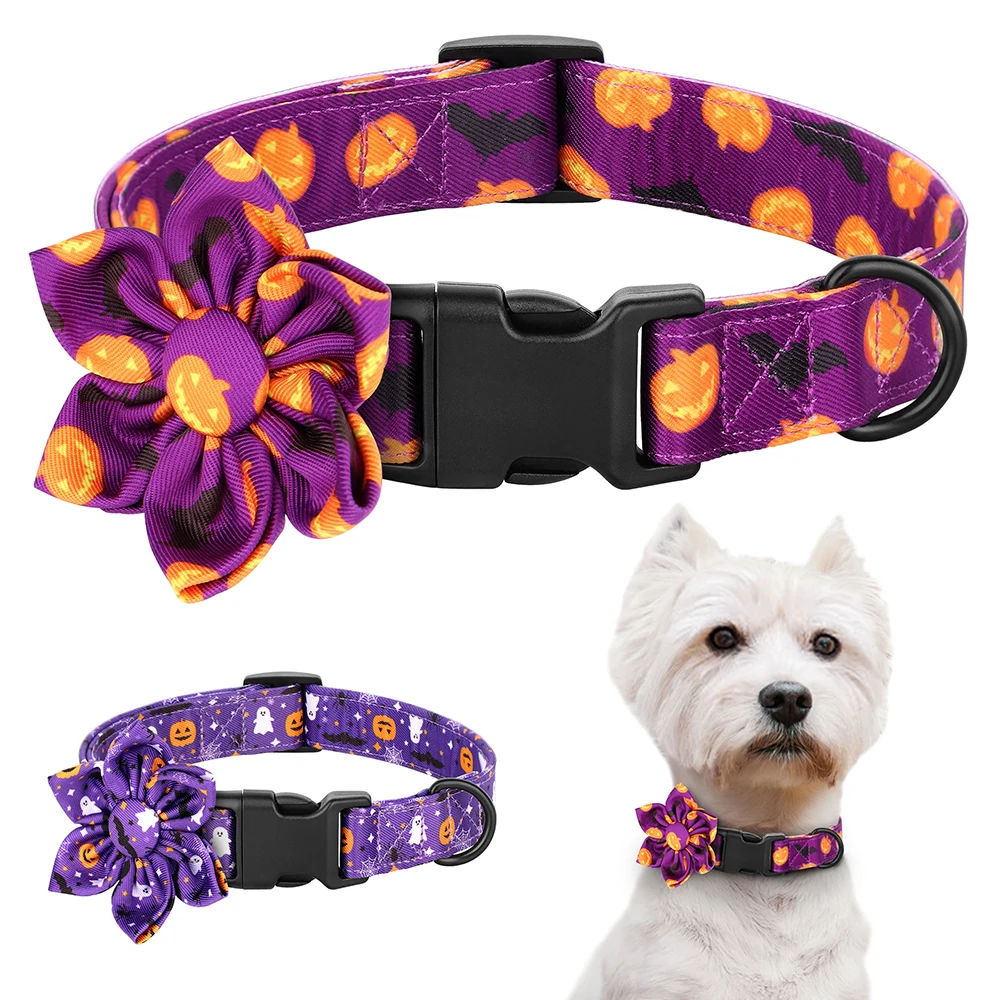 

Cute Halloween Dog Collar Pumpkin Ghost Print Pet Halloween Necklace Collars with Flower Accessory for Chihuahua Pug Pitbull