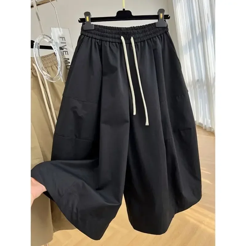 

Pop Plus Size Women's Elastic Waist A- Line Wide Leg Pants Summer Loose Cuffed Seven-Foot Casual Trousers Plus MM Extra Large Si