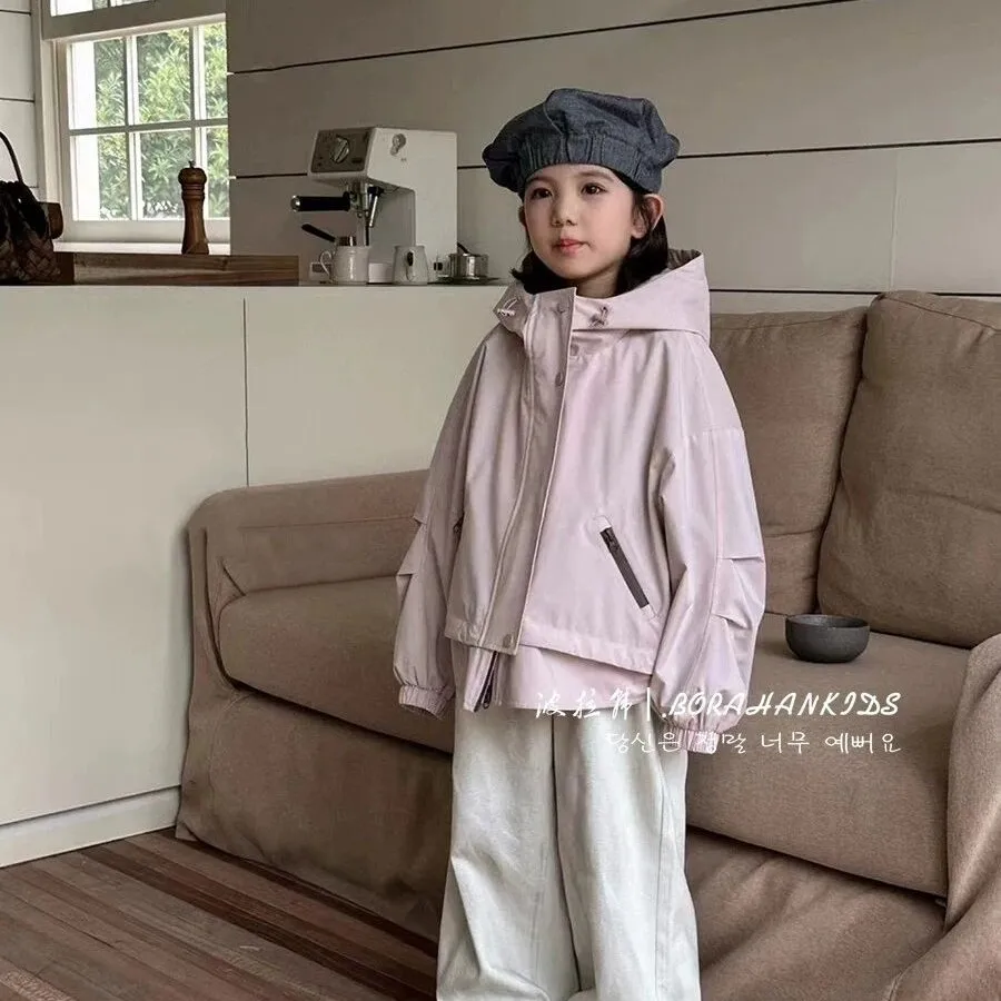 

120-170cm Girls' Hooded Jacket Spring and Autumn Fashion Children's Jacket Zipper Sweater Windproof Top