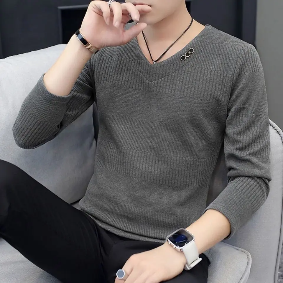 Autumn Men's Knitted Sweater T Shirt Comfy Long Sleeve Pullover Stripe Patchwork Jumper Casual Bottoming  for Winter Z60