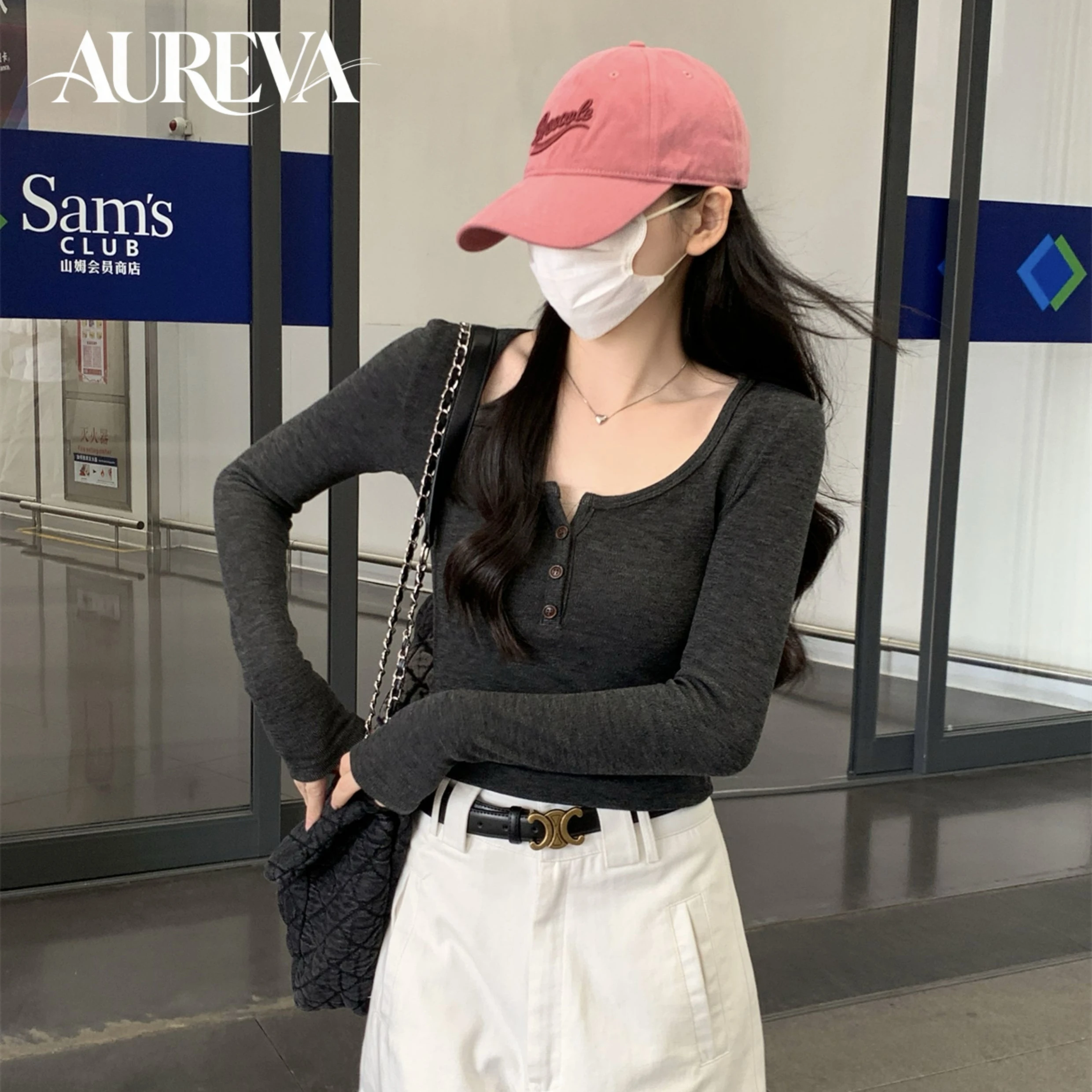 Sweet Spicy Women Inner Base Layer Tops Pure Desire Sexy Ribbed Dralon Crew Neck Long Sleeve T‑Shirt Slim Fit For Autumn Winter