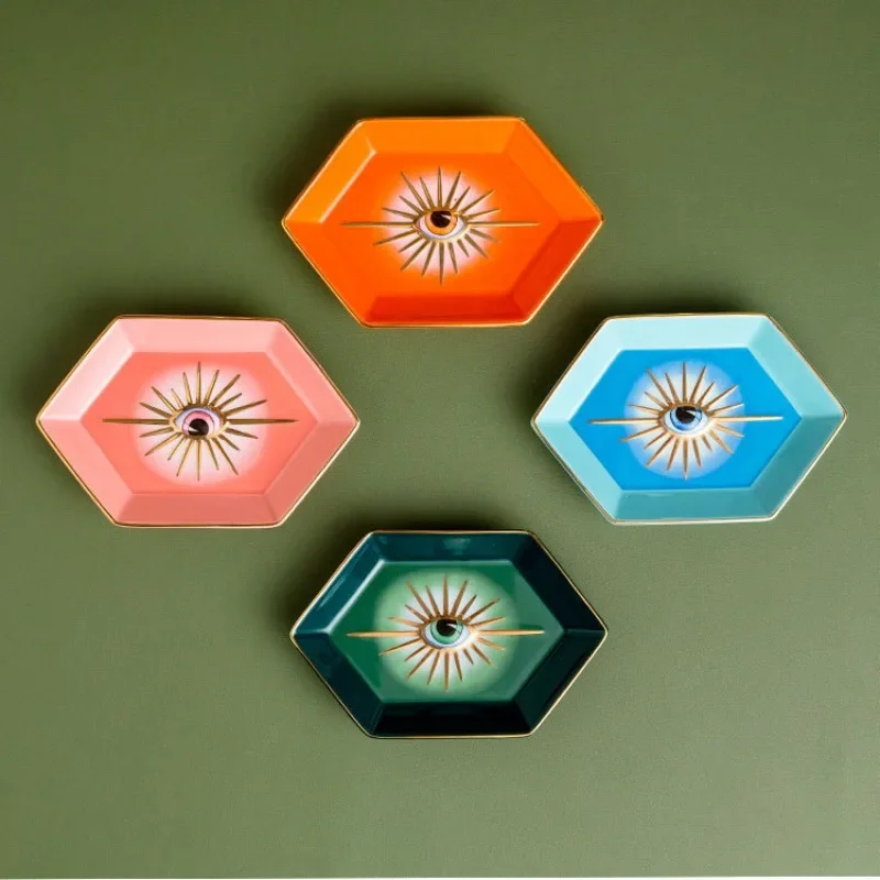 Creative Colorful Hexagonal Eye Tray Ceramic Home Porch Decorations Ornaments Jewelry Storage Tray Desktop Decorative Tray