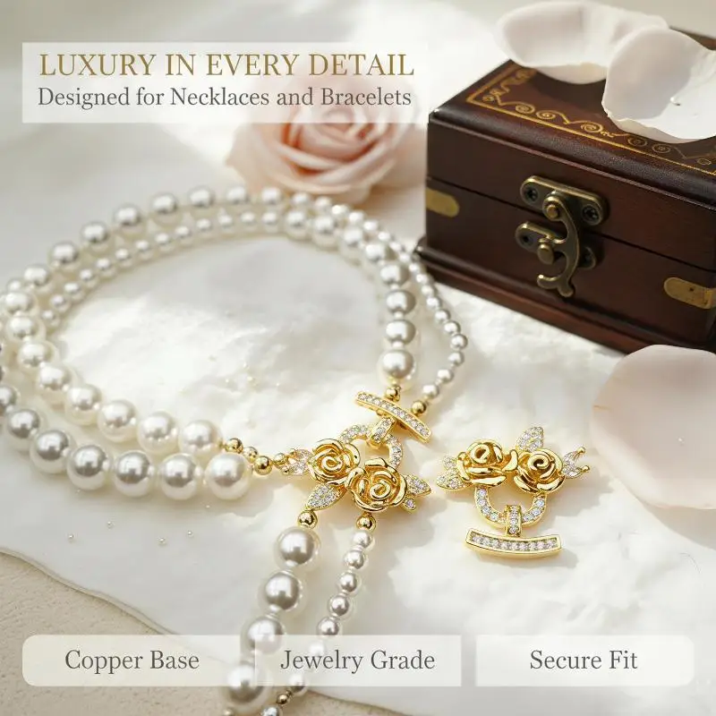 Brass Multi-Row Rose Pearl Bracelet Necklace Set Secure End Buckle Hypoallergenic Jewelry for Party Dating Gift