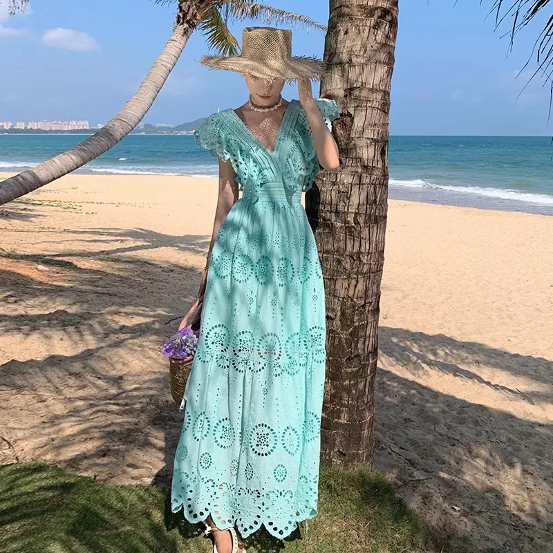 Boho Hollowed Out Lace Hook Flower Summer Dress Women Turquoise Flying  Sleeve V-neck Fairy Vacation Dress Casual Party Dress - AliExpress 200000345