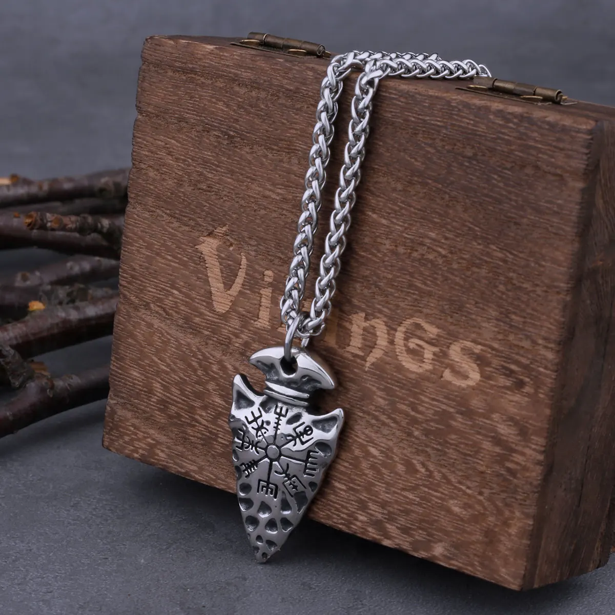 

Vintage 'Helm of Awe' and 'Viking Vegvisir' Steel Viking Spear Pendant Necklace with Stainless Steel Chain as a Gift for Men