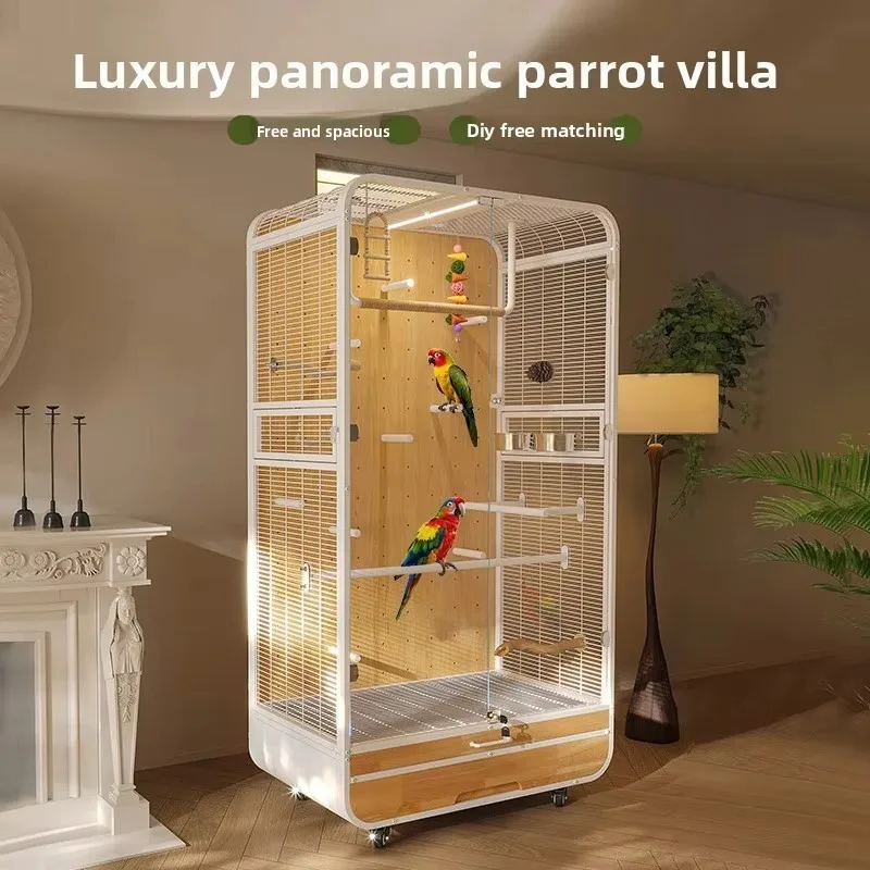 Large Movable Parrot Bird Cage with Solid Wood and Ironwork Panoramic Design