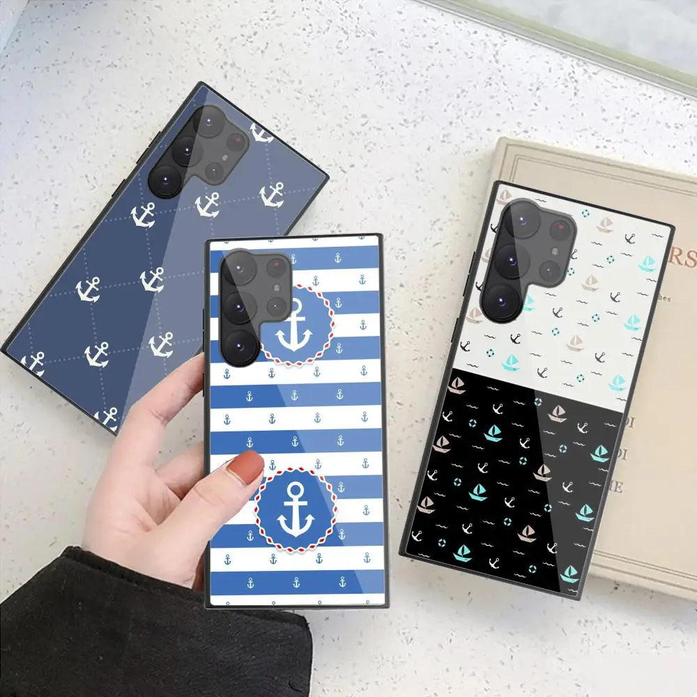 Kawaii anchor Phone Case For Samsung Galaxy S24 S23 S22 S21 S20 Ultra FE Plus Black Glass Case Cover