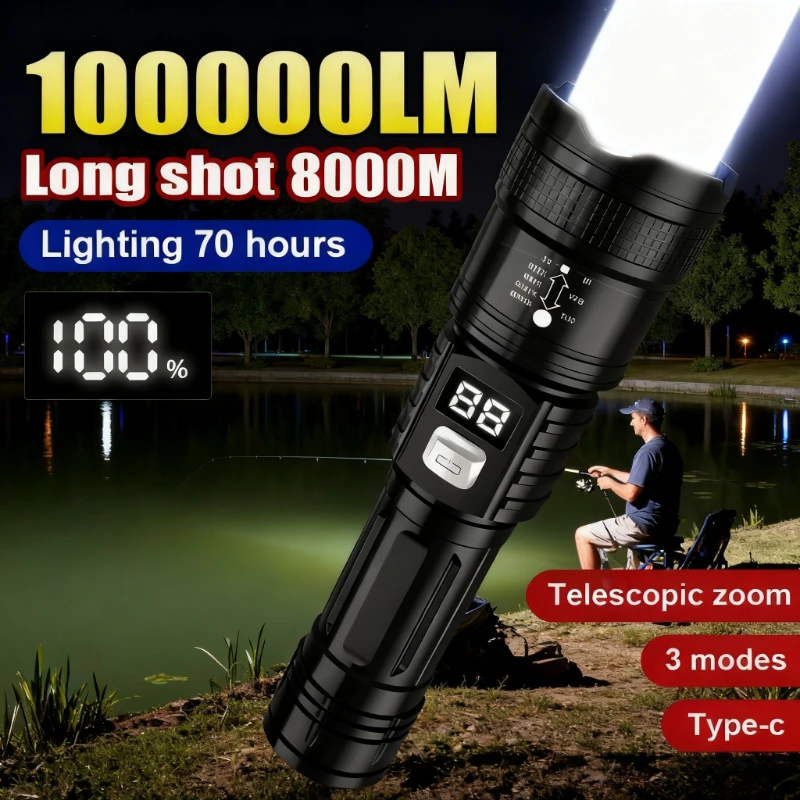 100000LM Superhelle Taschenlampe Wiederaufladbare LED-Fackel mit Großer Reichweite Taktische Lampe für Outdoor Wasserdichte Camping- und Angellaterne