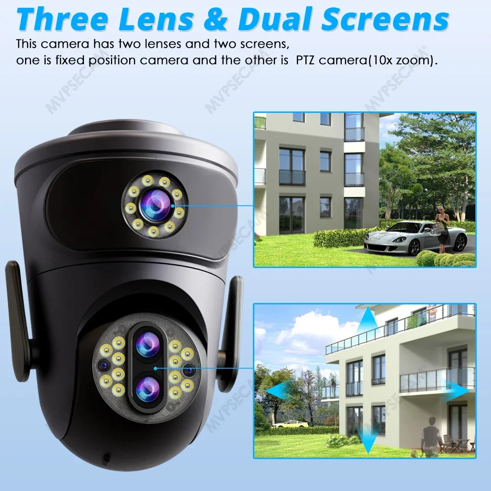 12MP 6K HD Video Surveillance Camera Wifi Three lens Outdoor Wireless Security IP Camera PTZ Optical 10X Zoom Smart Home CCTV