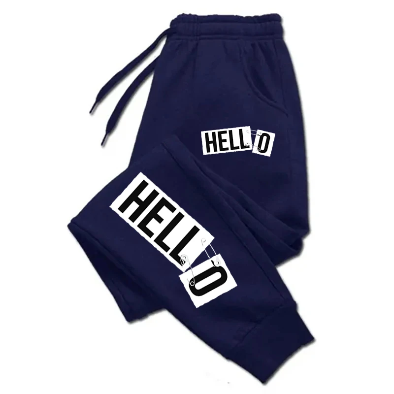 

Hello Fun Letter Printing Women Sweatpants Loose Jogger Pocket Drawstring Trousers Warm Fleece Sports Casual Couple Clothes