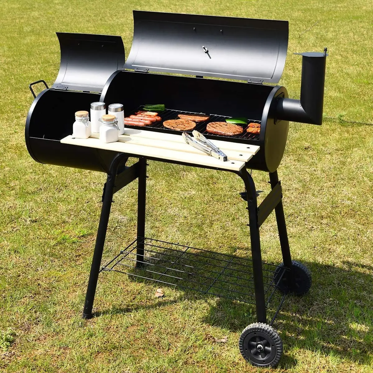 

Panana Charcoal Barbecue Grill with Offset Smoker, Metal Iron Barrel BBQ Trolley with Storage Shelves Wooden Side Table &Thermom