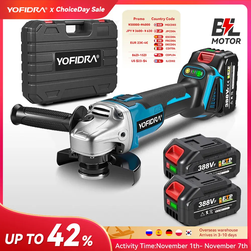 YOFIDRA-amoladora angular sin escobillas de 125mm, rectificadora inalámbrica de 4 engranajes, herramienta eléctrica de corte para carpintería para Pin