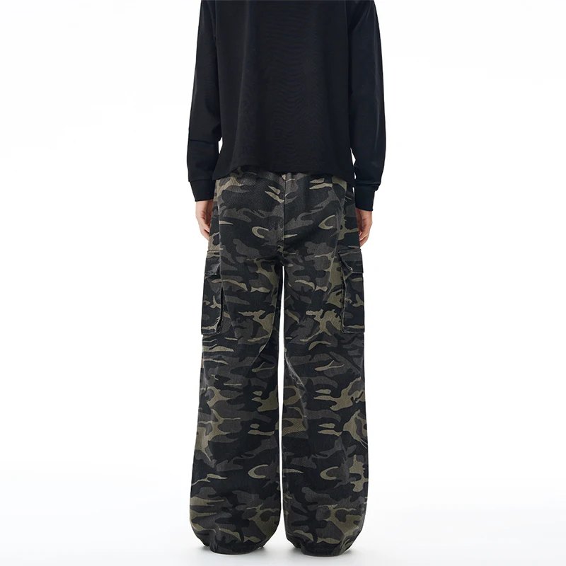 2025, Herbst und Winter, elastische Taille, mehrere Taschen, lockere, gerade Tarn-Arbeitshose für Herren, lässige und hübsche Jeans
