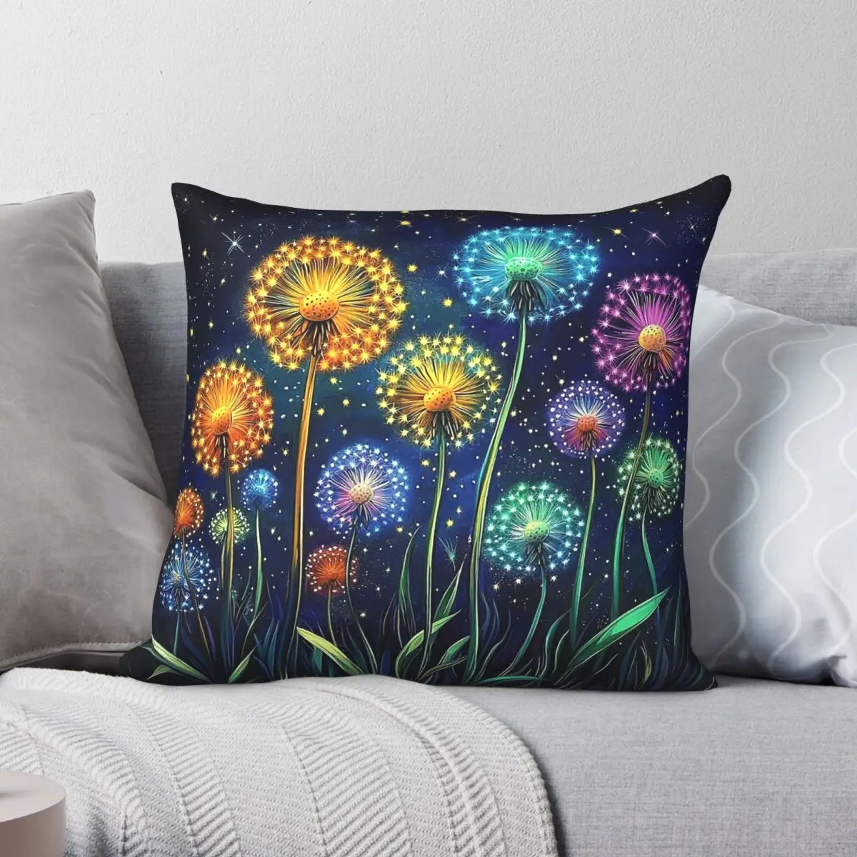 Luminous Dandelions Night Bloom Square Pillowcase Polyester Linen Velvet Pattern Decorative Throw Pillow Sofa Cushion Case 45x45
