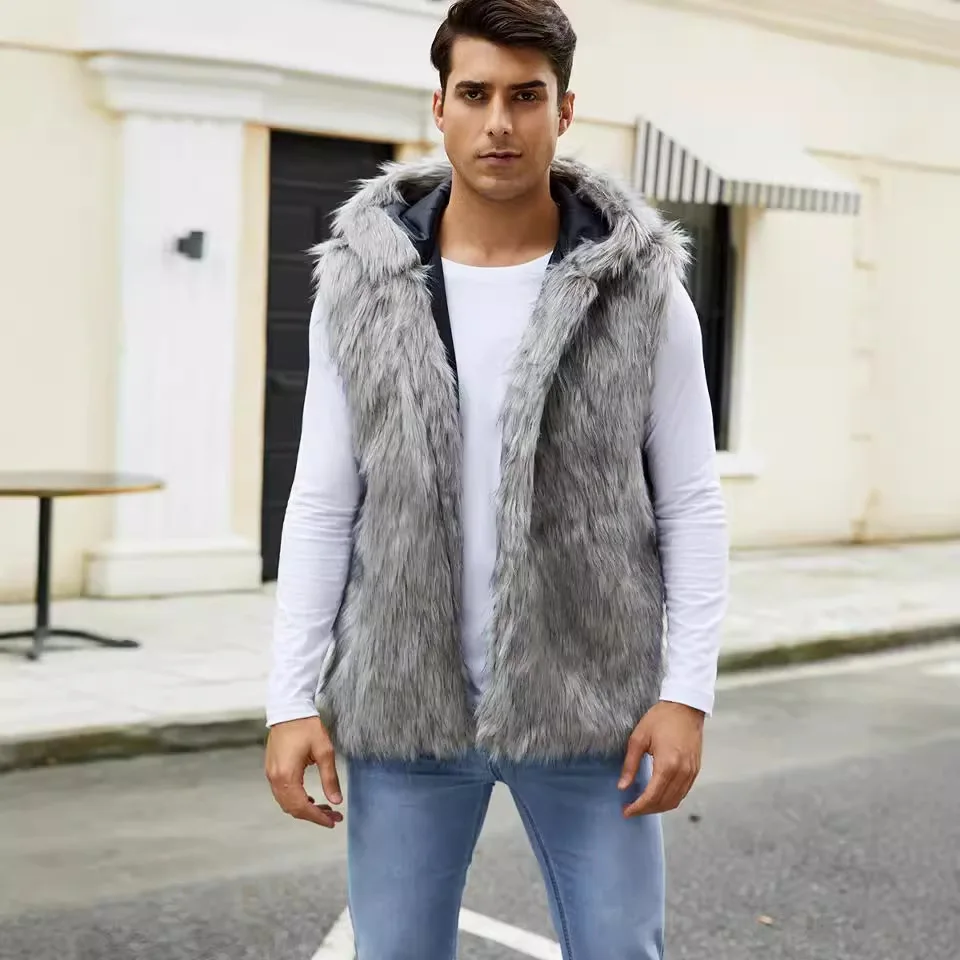 Men Hooded Vest V Neck Faux Fur Jackets Sleeveless Elegant Splice Vests Cardigan Hoodies Casual High Street Autumn Winter