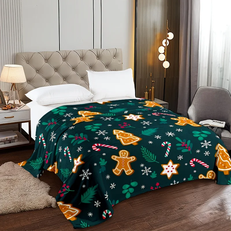 1pc Kerst Peperkoek Heren Flanellen Deken - Groene Vakantie Gooi met Sneeuwvlokken & Snoepstokken, Zacht Gezellig All-Season Indoor/O