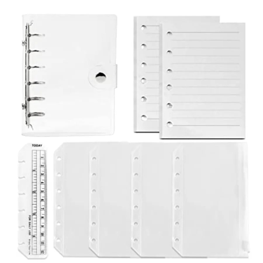 

Refillable A7 Notebook Set with Cover - 6 Hole Loose Leaf PVC Binder Cover + 90 sheets 180 Pages of Lined Paper + 4pcs A7 Zippe
