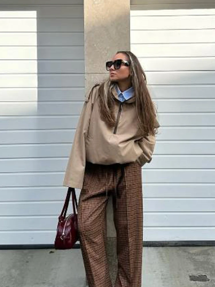 

Chic Khaki Hooded Half-zip Oversized Windbreaker Women Casual Long Sleeve Pullover New Outerwear Spring Trendy Streetwear Jacket