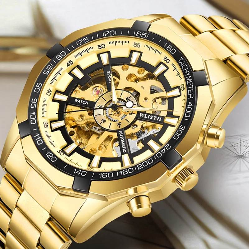 Full Gold Skeleton Mechanical Watches for Men Fashion Irregular Automatic Watch Luxury Brand Stainless Steel Strap 2024