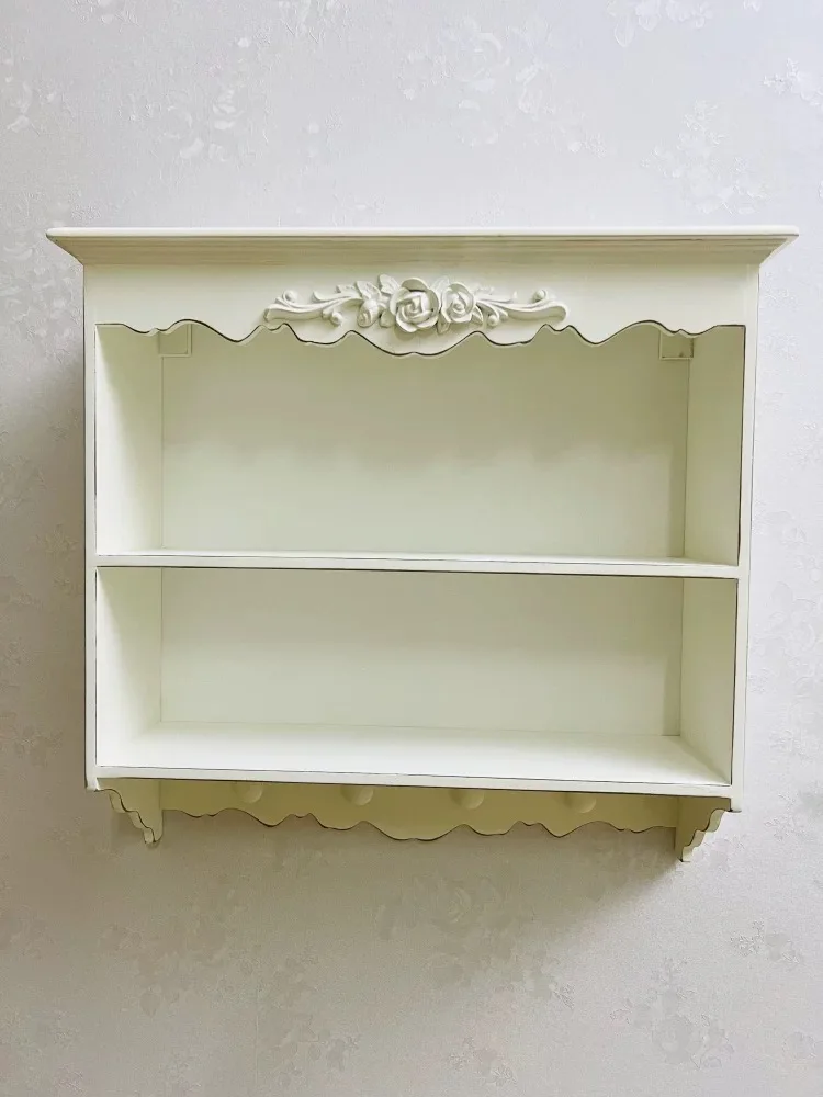 

2 Tier Handmade Vintage French White Wood Wall Decor Shelf Organizer with 4 Hooks