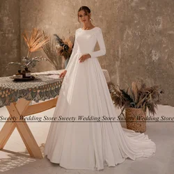 Robe de mariée élégante personnalisée, col rond, manches longues, perles, boutons, ligne A, train de balayage, robe de mariée éducative