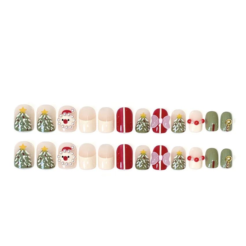 24 Uds uñas postizas redondas cortas de Navidad lindo dibujo de Papá Noel patrón de árbol de Navidad prensa en el lazo de uñas decoración de perlas uñas postizas dulces