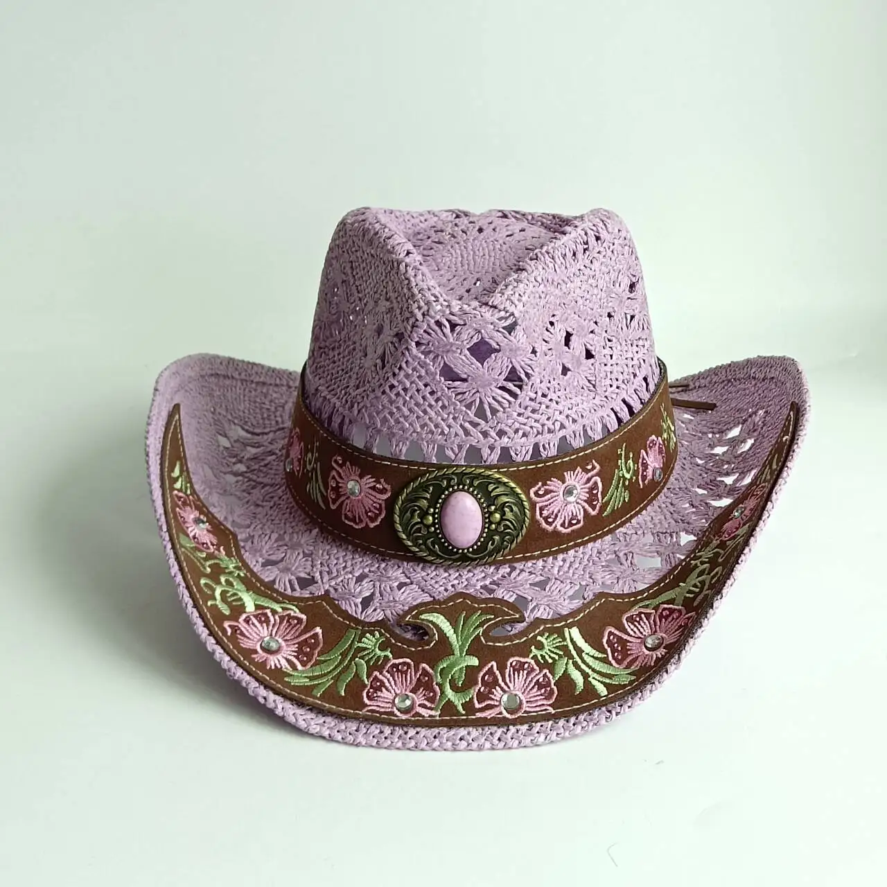 Women Hollow Crochet Western Cowboy Hat Floral Embroidery Wide Brim Straw Hat Vintage Gem Decor Summer Outdoor Vacation Sun Hat
