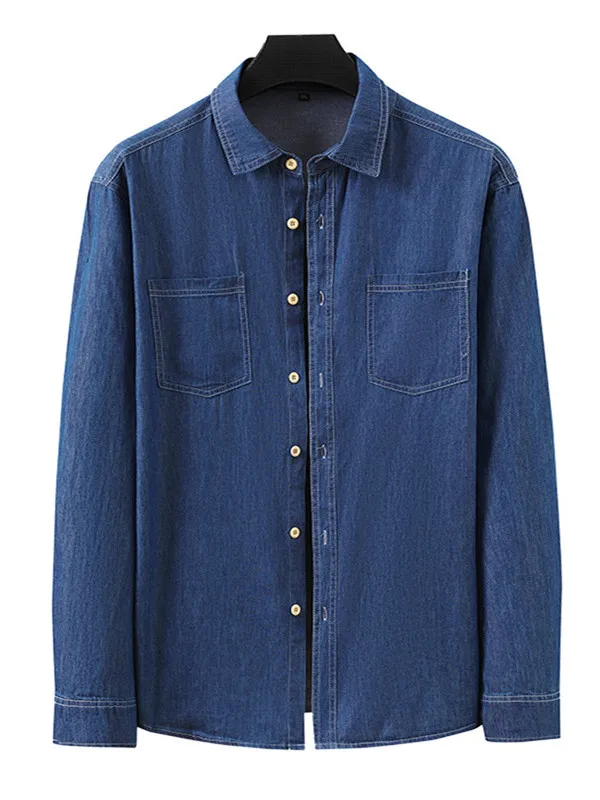 

plus Size Men's Denim Shirt Long Sleeve Spring Summer Loose Fit Turn-down Collar Blue Casual Fashion Urban Style Breathable