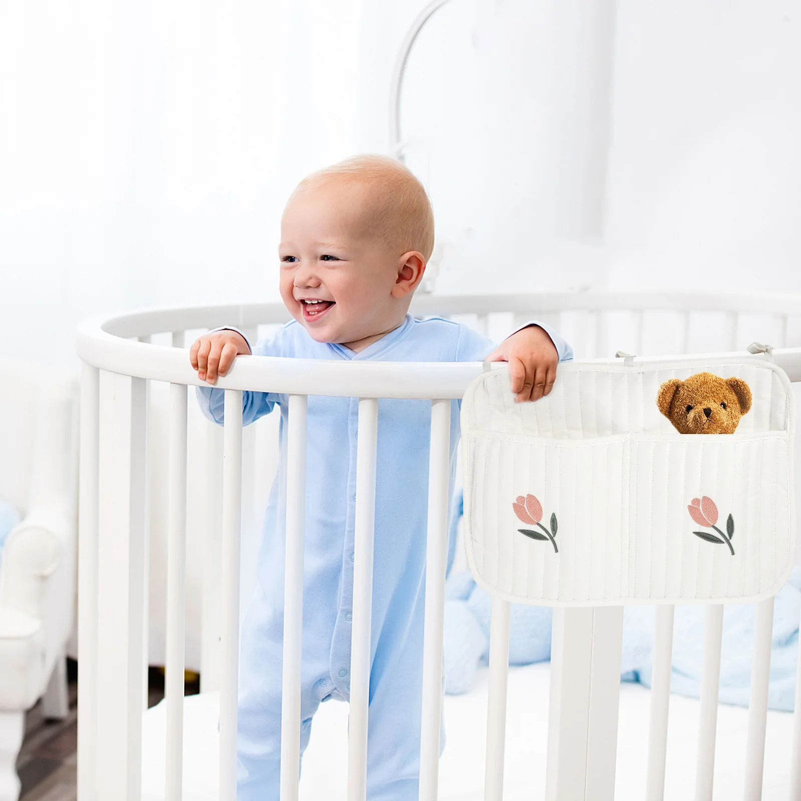 Crib Hanging Diaper Bag Premium Cotton Baby Nursery Organizer Compact Lightweight Hanging Storage Bag for Baby Bed Stroller