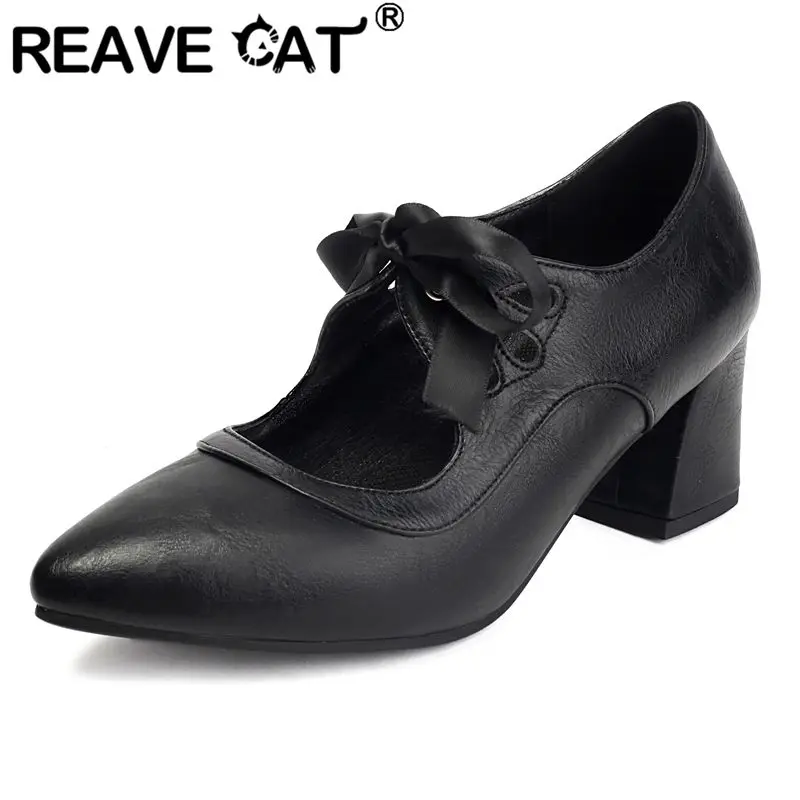 

REAVE CAT 2025 Новые офисные женские туфли-лодочки с острым носком на блочном каблуке 6 см на шнуровке Большой размер 41 42 43 33 Винтажная женская обувь Мэри Джейн