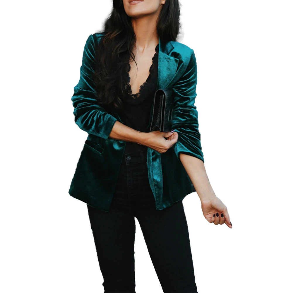 여성 정장 여성용 긴 소매 벨벳 블레이저 재킷 그린색 오피스 정장 카디건 코트
