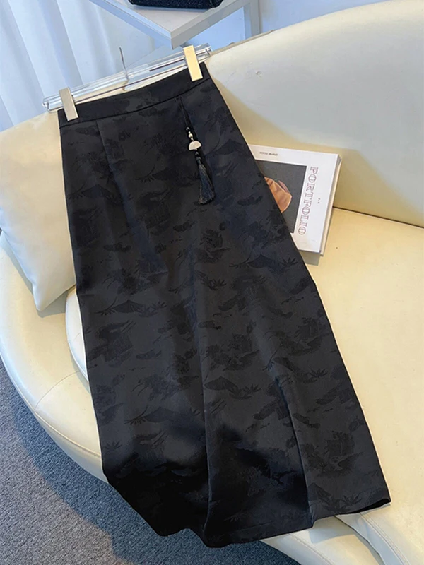 New Chinese Style Satin Half Skirt High Waist A-Line Split Midi Dress Ladies Summer Fashion 2026 National Trend