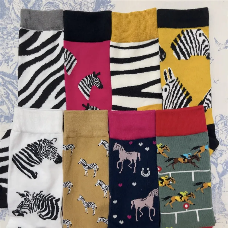 Adult Crew Unisex Cartoon Zebra Stripe Pinto Socks African Savannah Horse Racing Horsemanship Equestrianism Souvenir Gift Sox