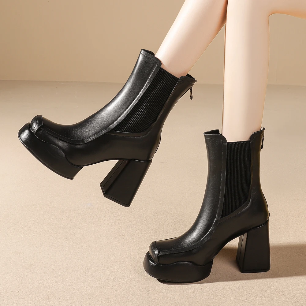 2023 New  Women Spring Autumn Shoes Ladies Luxury High Heels Platform Winter Leather Chelsea Ankle Boots Super High Heels Black