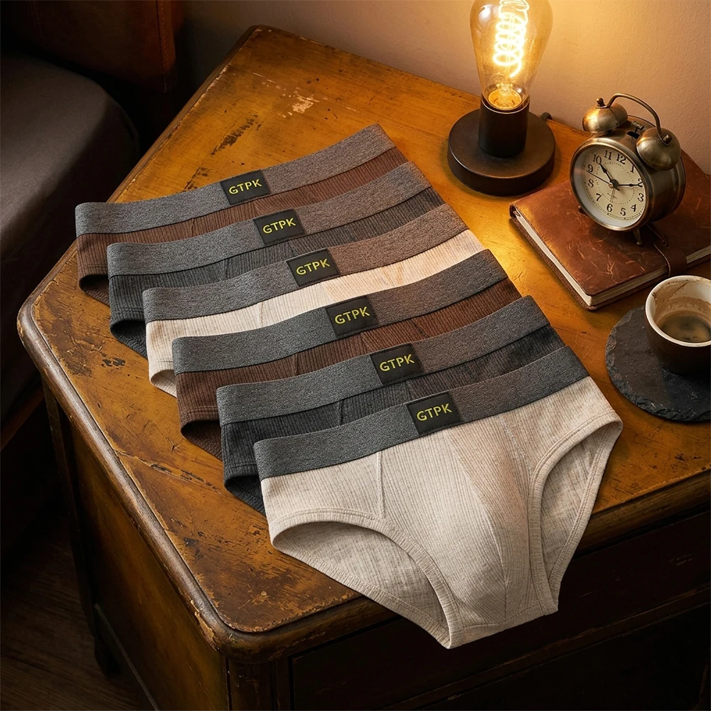 

6PCS/Pack Vintage Sexy Solid Striped Men's Briefs Quick Dry 95% Cotton Breathable 3D Mesh Pouch Panties High Elastic Underwear