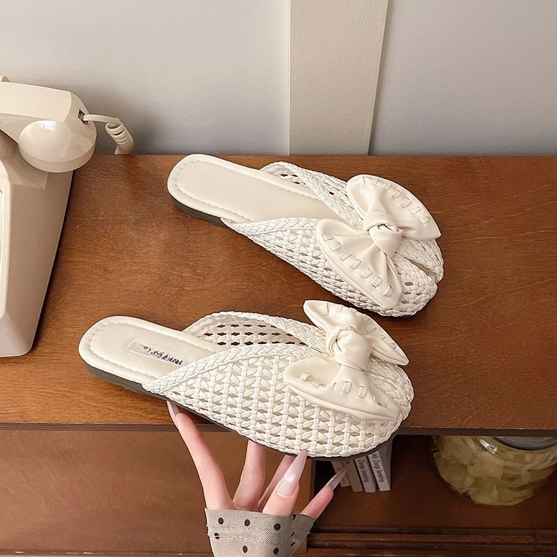

Korean Version Bow Baotou Semi-slippers for Women To Wear 2026 Spring and Summer New Fairy Style with Skirt Low-heeled Sandals