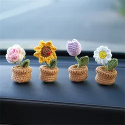 Cute Mini Finished Crochet Flowers Hand-knitted Sunflower Rose Flowers Potted Plants Handmade Bouquet Home Desktop Decorative