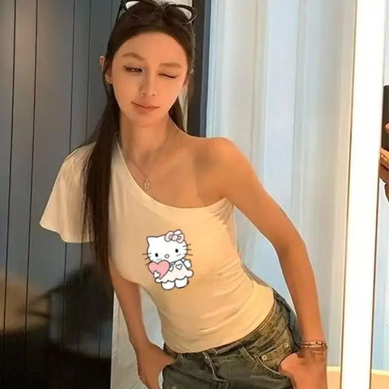 

Sanrio милая футболка с короткими рукавами Hello Kittys Kawaii, приталенная футболка с наклонным вырезом для девочек, милая модная удобная повседневная дышащая футболка