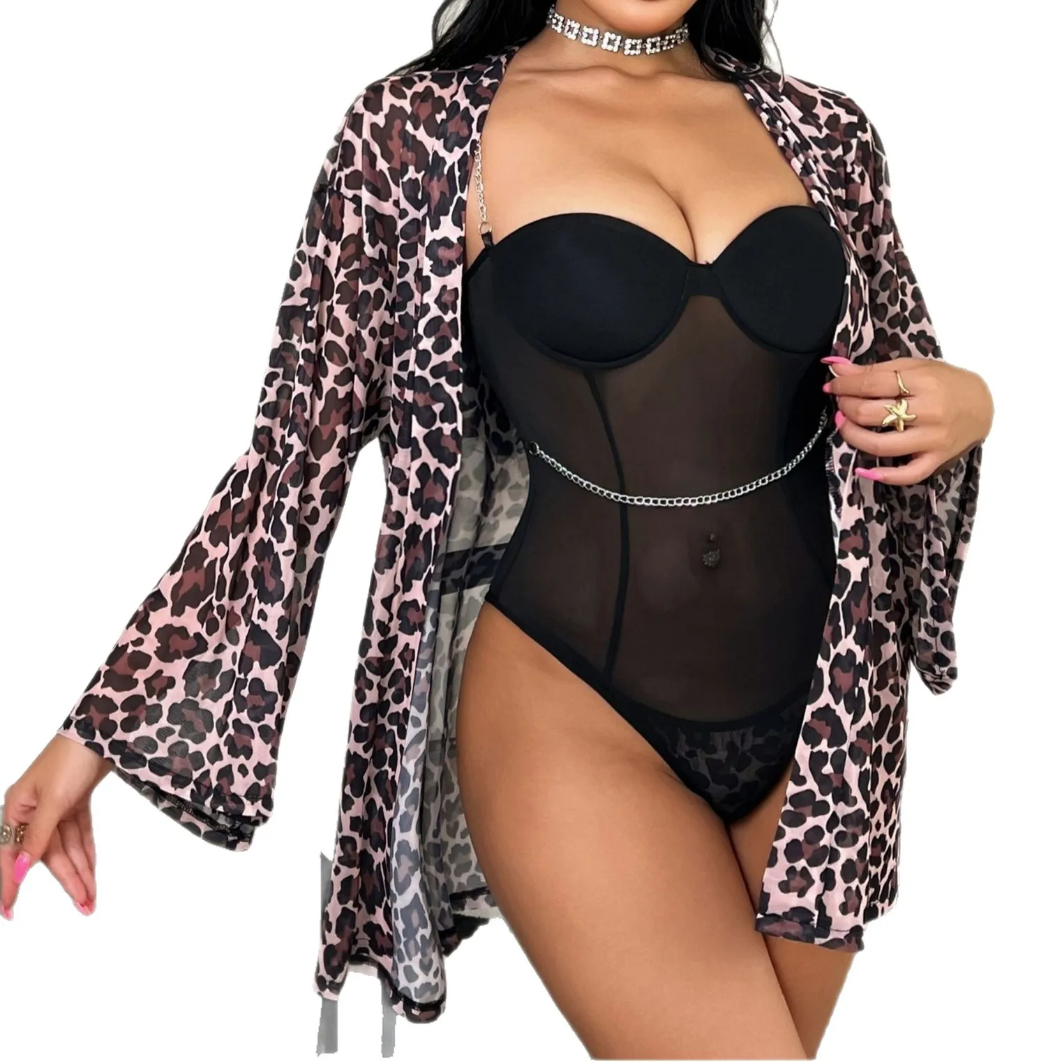 Strappy One-piece Bodysuit With Chain Waist Cinching And Mesh Inserts New Sexy Lingerie With Fishbone Design AHZA