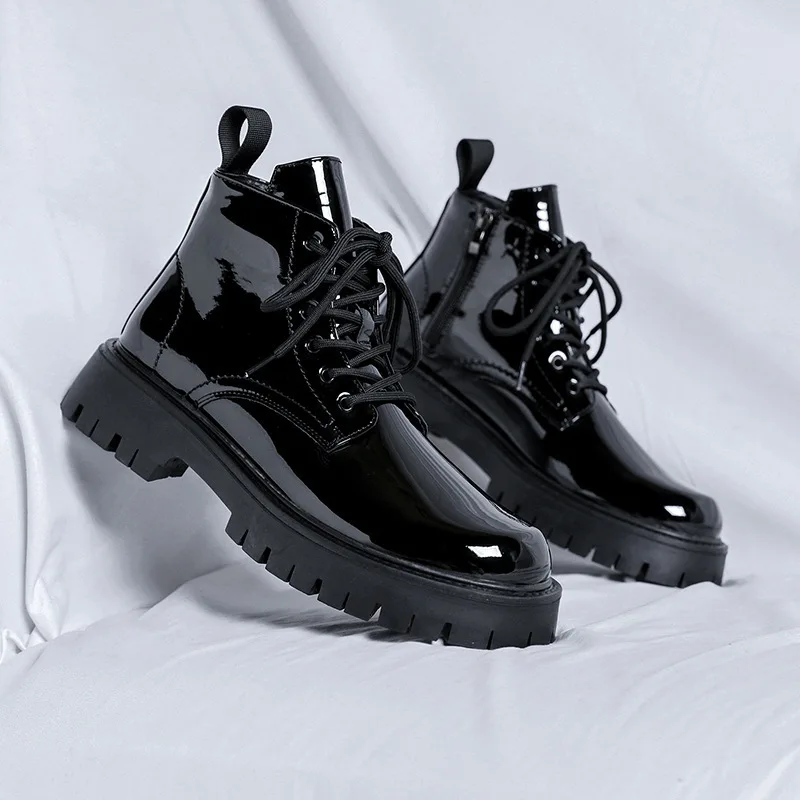 

mens fashion patent leather boots black trendy platform shoes wedding party dress cowboy ankle boot spring autumn short botas