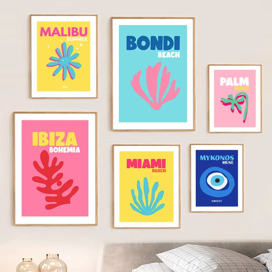 Ibiza Mykonos Miami Bondi Plam Travel City Wall Art Colourful Canvas Painting Nordic Poster Preppy Room Print Living Room Dec