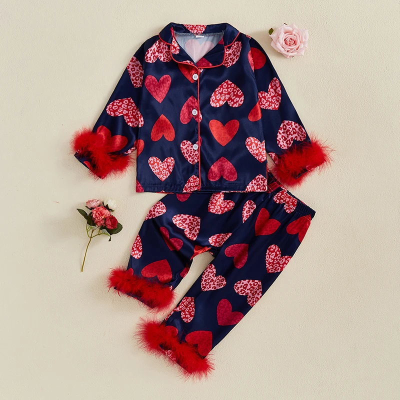 Lioraitiin 2-6Y Little Kids Girls Valentine\'s Day Pajama Clothes Sets Heart Print Fur Patchwork Long Sleeve Lapel Shirt Pant