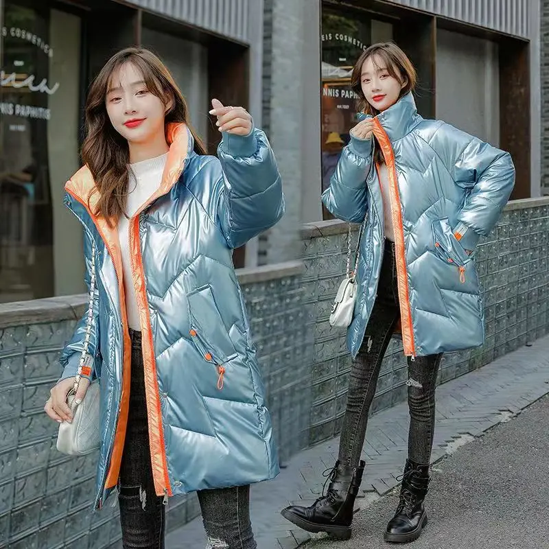 2023 Winter Fashion Jacket Ladies Long Coat Women Shiny Oversize Stand-up Collar Coat Black Warm Parka