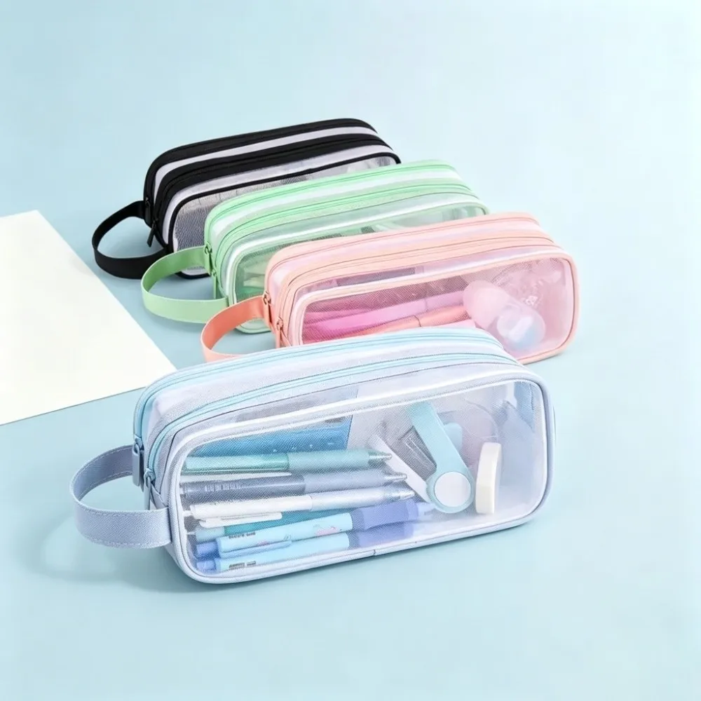 Double Layer Mesh Pencil Case Clear Transparent Exam Special Edition Transparent Pencil Bag Minimalist Style Portable Design