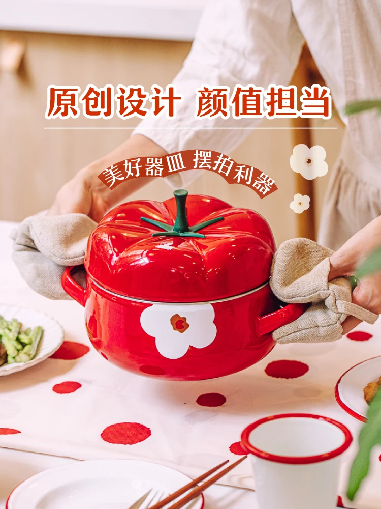 

Flower Tomato Soup Stock Pot Home Cooking Soup Pots Creative Enamel Pot Stew Soup Binaural Pot Induction Cooker and Gas Can Use