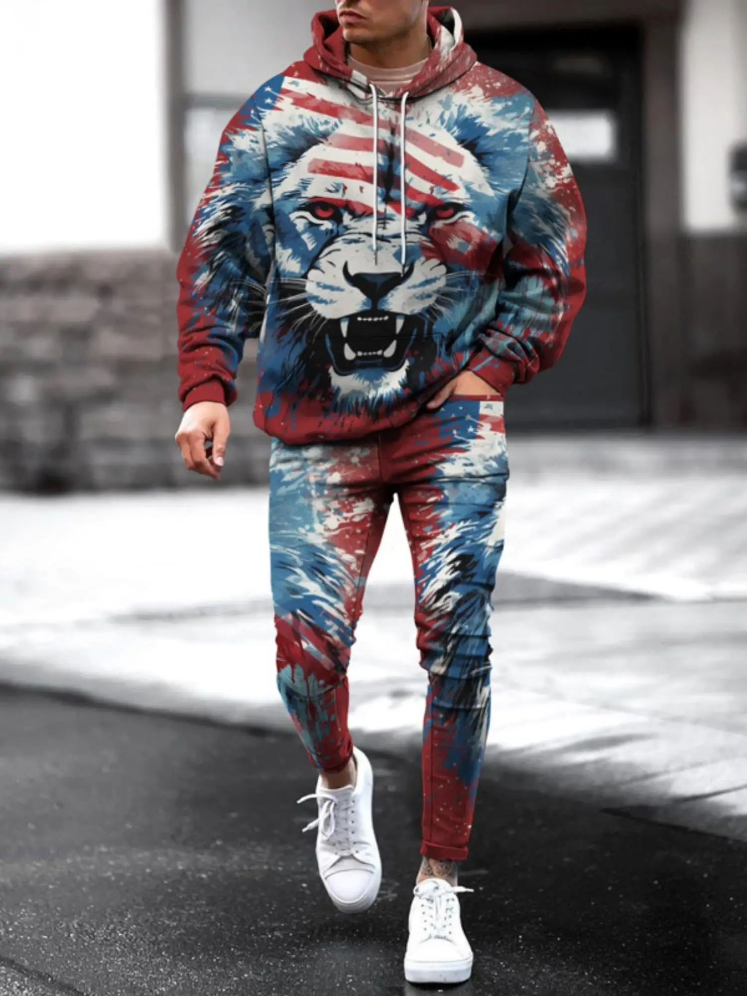 

Unisex Adult 3D US-Flag Animal Lion Print Hoodie Pants Two Pieces Tracksuit Men Women Novelty Sweatshirts Joggers Sweatpants Set