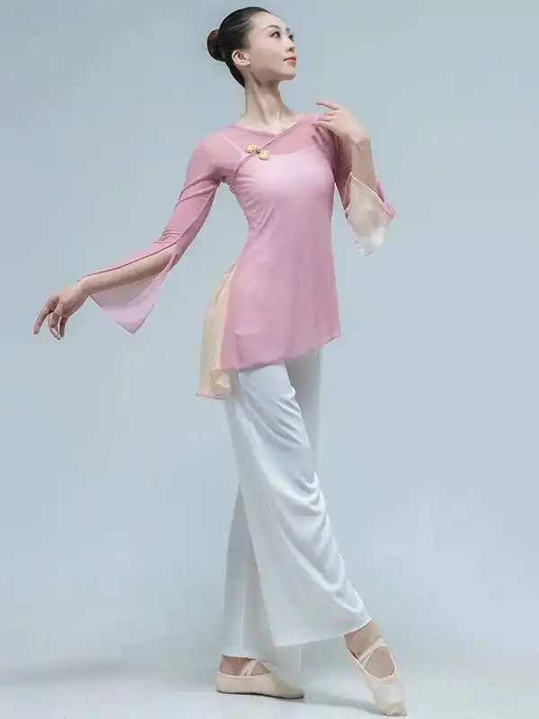 Camicia da ballo classica da donna, leggera, in rete trasparente, con corno superiore, manica lunga, abbigliamento da ballo popolare cinese con bottone a nodo