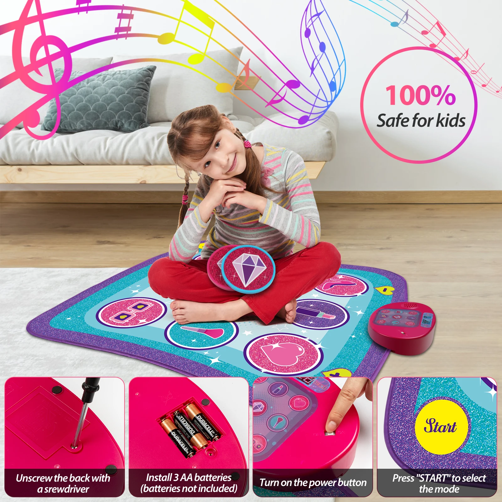 RUNJIAER Kids Dance Mat Toy with Built-In Sounds Adjustable Volume 5 Challenge Levels for Boys & Girls Aged 3-12 Birthday Gift