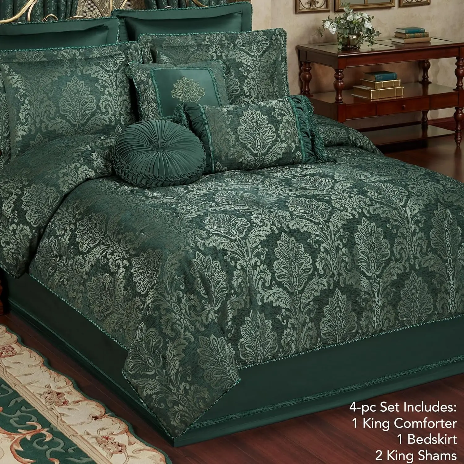 Touch Of Class Camelot Luxury Bedding | Emerald Green | Matte Satin Damask On Richly Textured Jacquard-Woven Chenille Design |