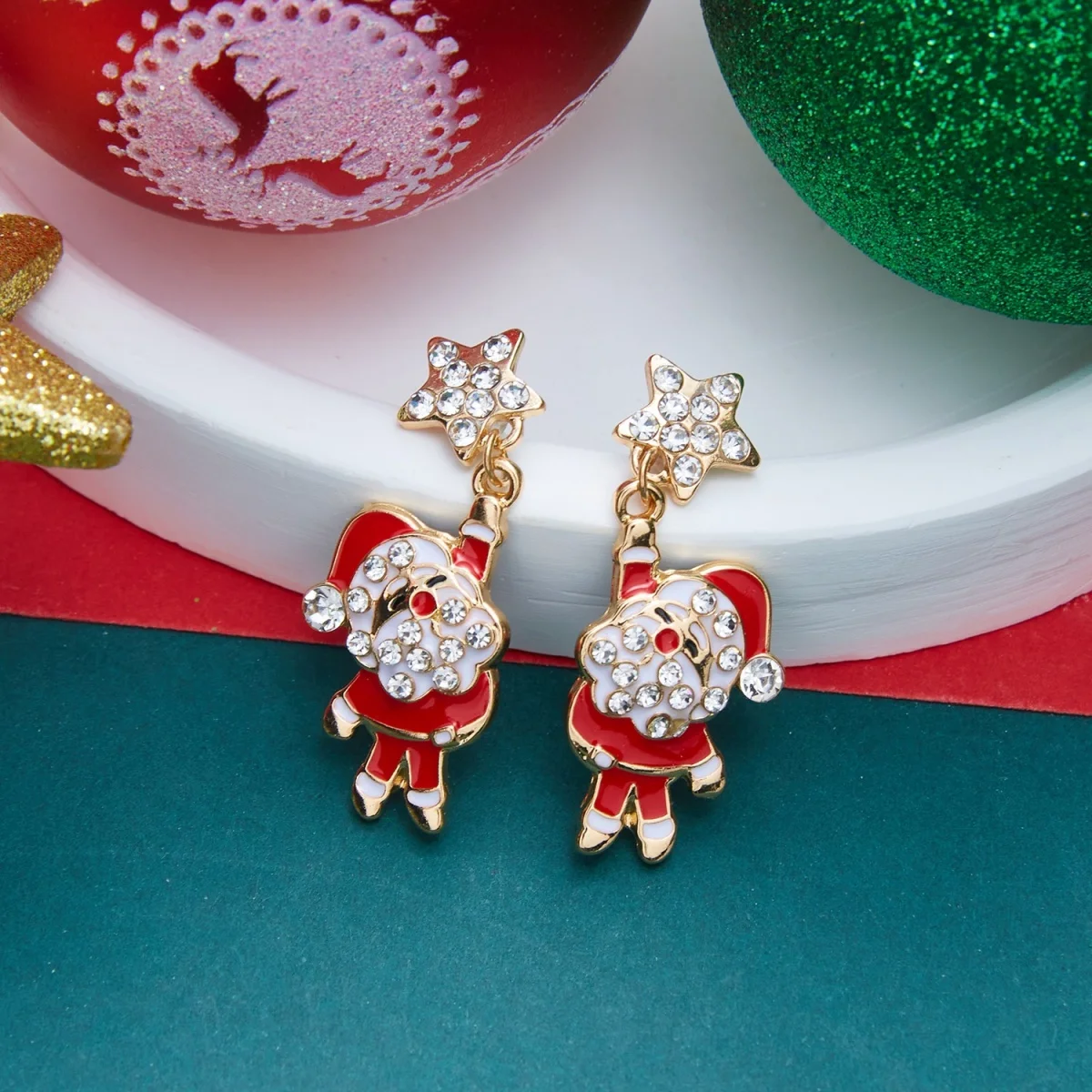Weihnachts-Strass-Stern-Weihnachtsmann-Ohrhänger für Damen, modische rote Schleifen-Weihnachtsstangen-Weinglas-Socken-Ohrringe, Neujahrs-Schmuck – Detail 24